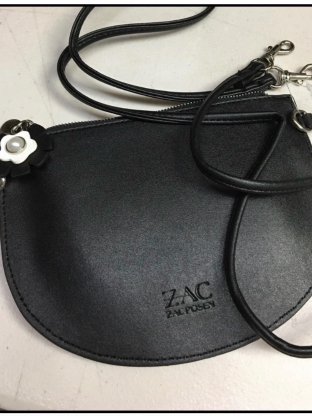 ZAC Zac Posen Black Half-Moon Crossbody with Floral Charm